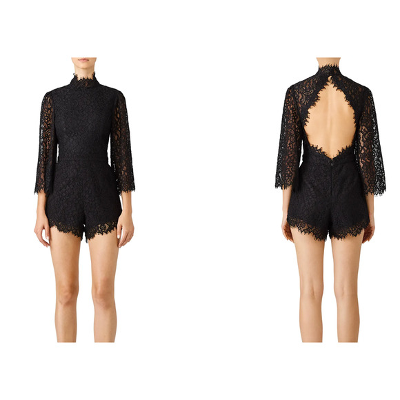 Fame & Partners Romper Women 14 Black Tawney Lace Dark Romantic Sheer Sleeve - Picture 1 of 8